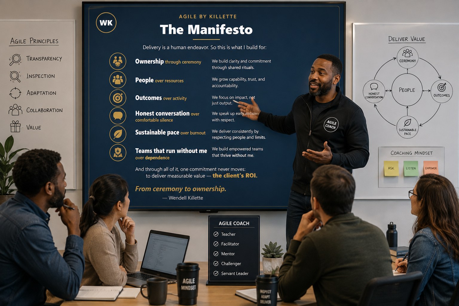 Wendell Killette teaching the Agile by Killette Manifesto to a team