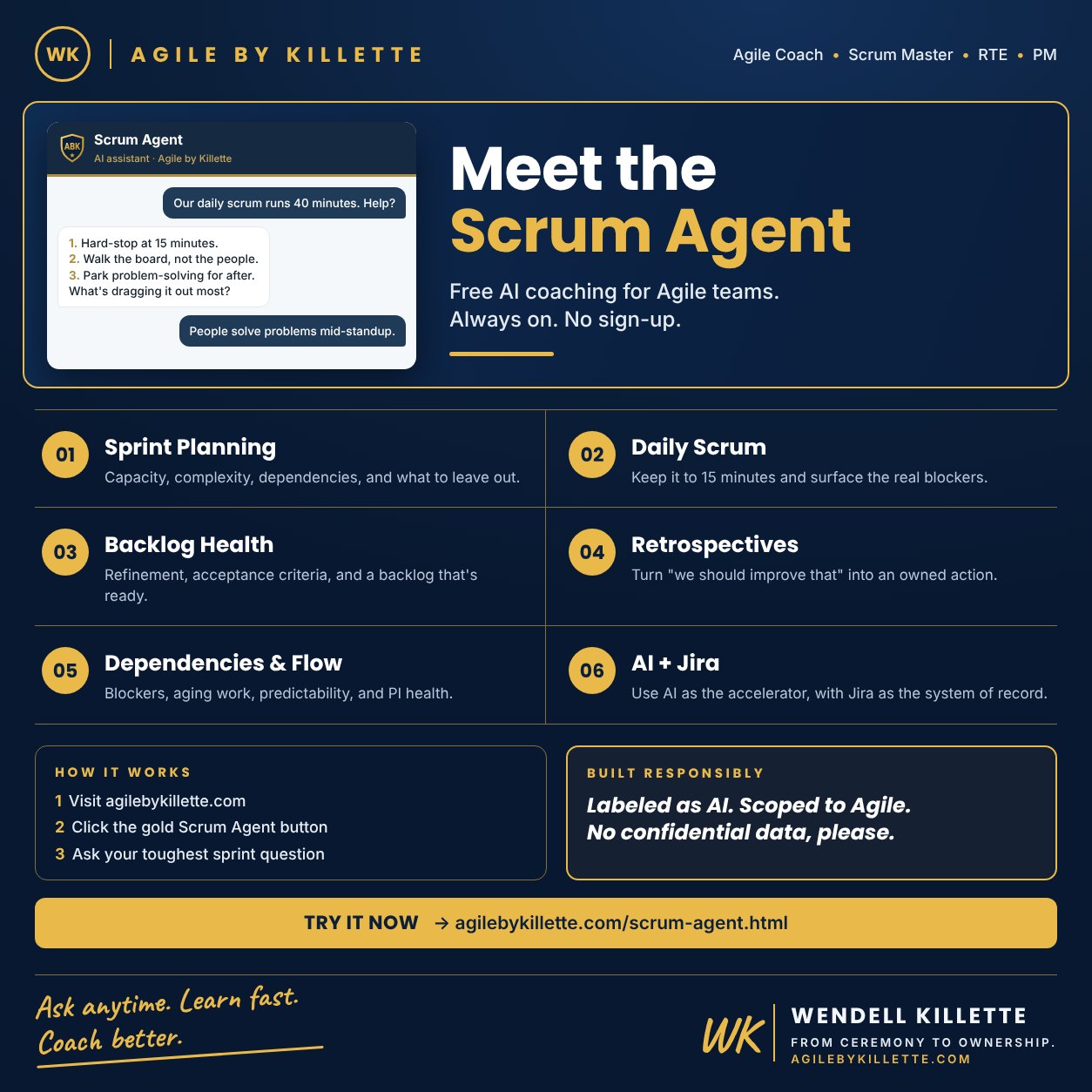 Scrum Agent quick-start card: what to ask, how it works, and how it's built responsibly.