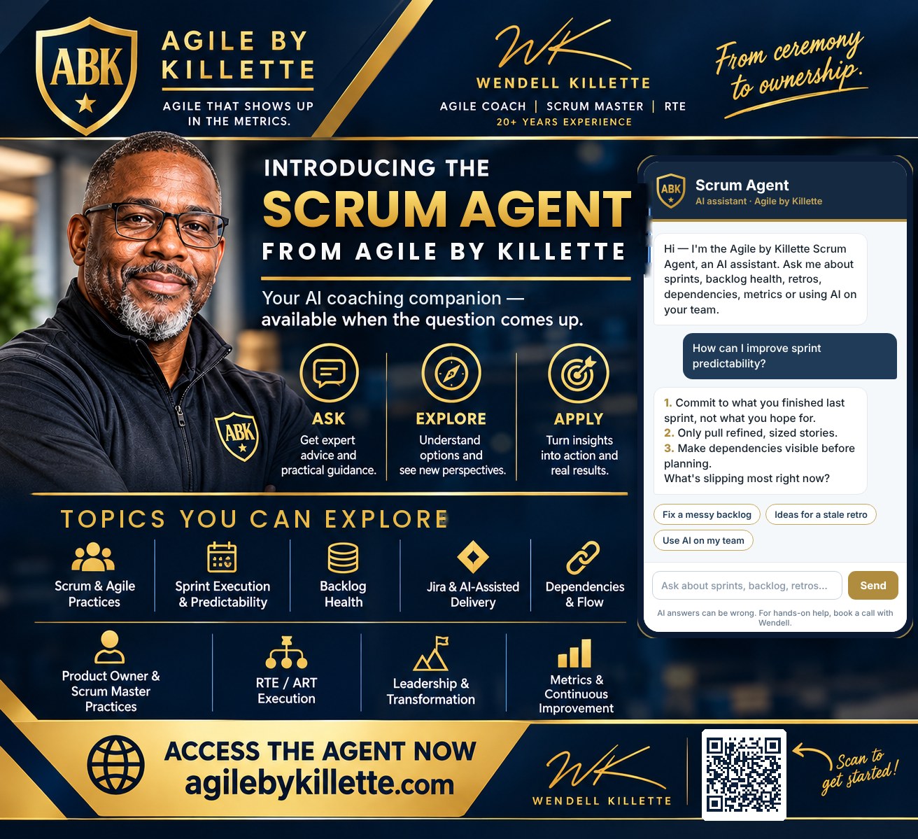 Introducing the Scrum Agent from Agile by Killette: your AI coaching companion for Scrum and Agile practices, sprint execution and predictability, backlog health, Jira and AI-assisted delivery, dependencies and flow, Product Owner and Scrum Master practices, RTE and ART execution, leadership and transformation, and metrics and continuous improvement.